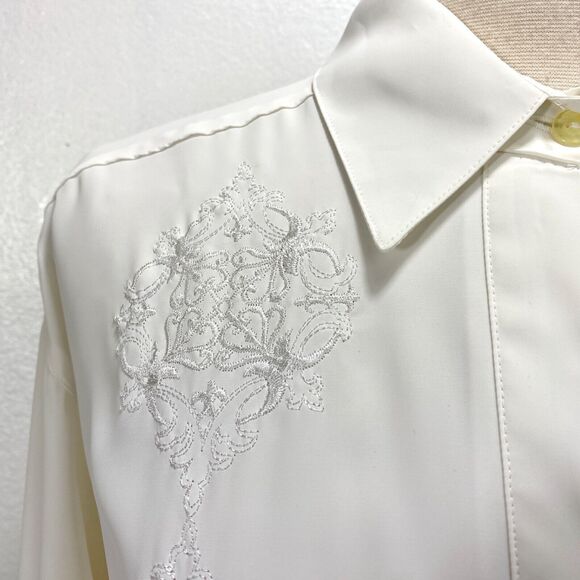 Vintage White Slinky Blouse Medium Front Placket Button Embroidery Career Formal - Picture 3 of 10